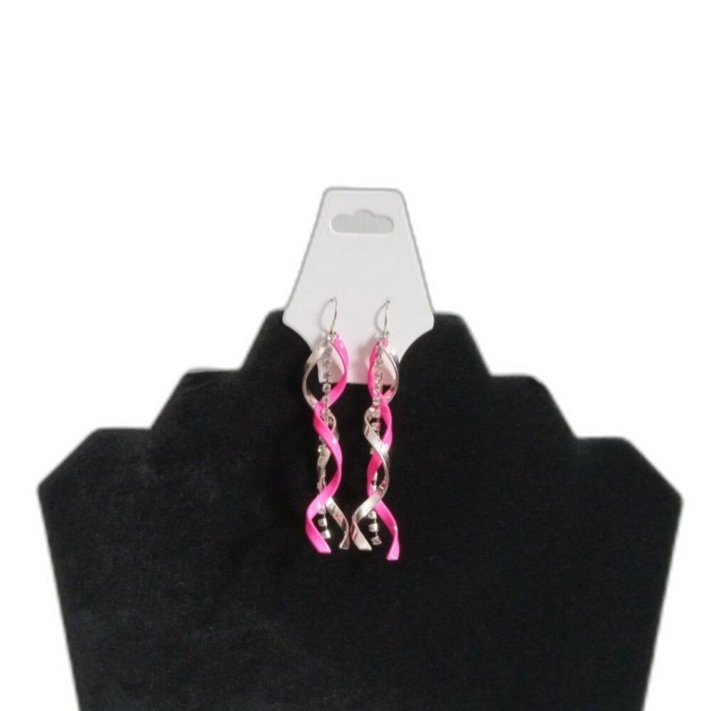 Hot Pink Silver Toned Twisted Spiral Rhinestone Chain Dangle Statement Earrings